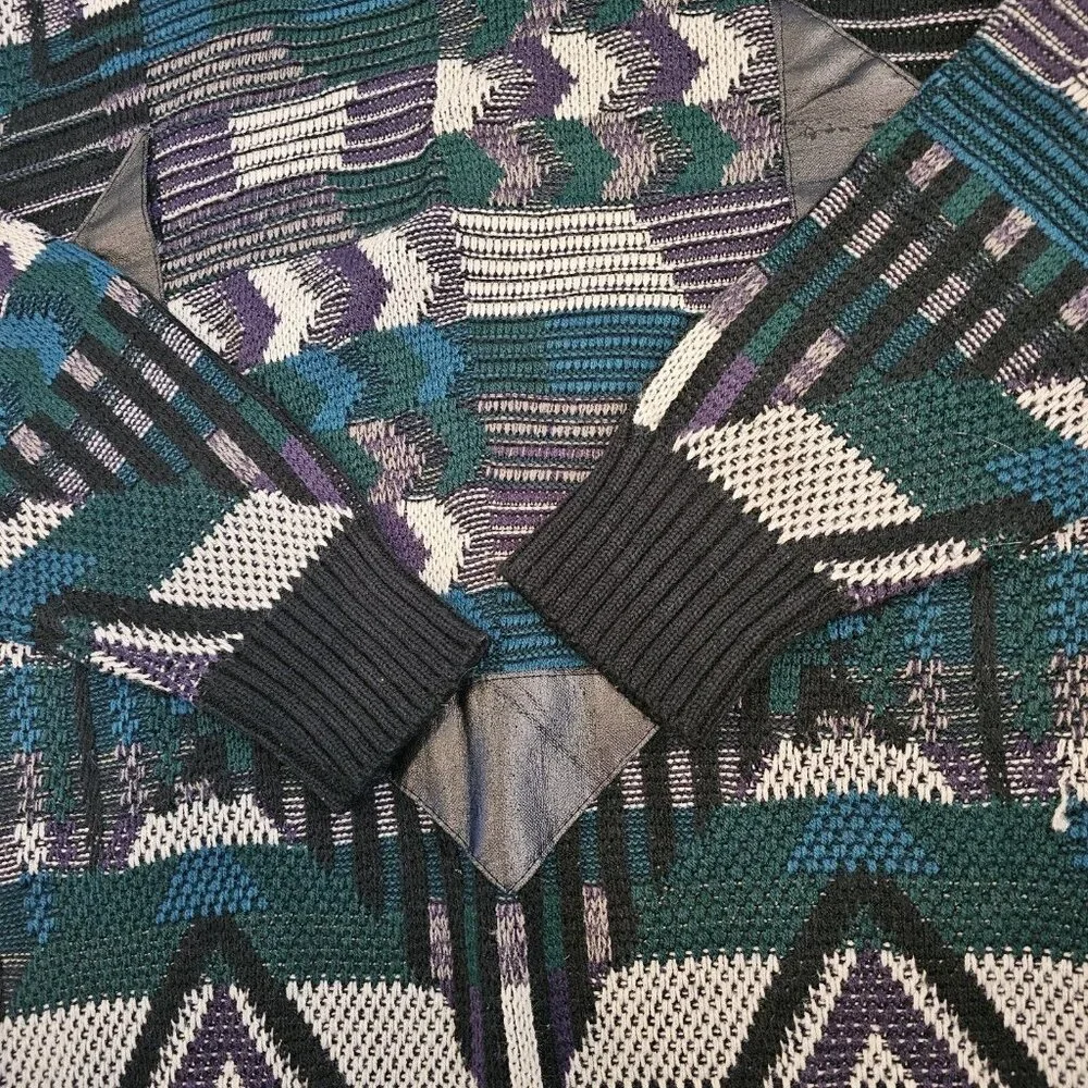 Vintage 80s 90s Mens Large Dad Sweater Faux‎ Leather Patches Geometric Retro